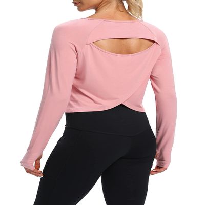 Bestisun Womens Athletic Long Sleeve Shirts Backless Workout Yoga Crop Tops Sports Dance Clothes Pink XL