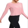 Bestisun Womens Athletic Long Sleeve Shirts Backless Workout Yoga Crop Tops Sports Dance Clothes Pink XL view 2