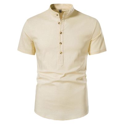 JEsilunmaMY Men's Stand Collar Henley T-Shirts Short Sleeve Cotton Linen Hippie Shirt Slim Fit Casual Summer Beach Shirt (US Size L Asia XL,Khaki)