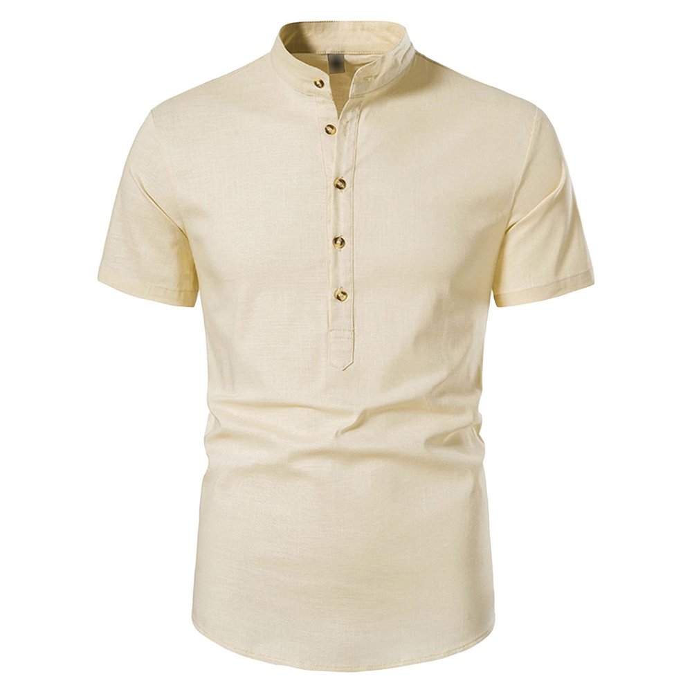 JEsilunmaMY Men's Stand Collar Henley T-Shirts Short Sleeve Cotton Linen Hippie Shirt Slim Fit Casual Summer Beach Shirt (US Size L Asia XL,Khaki)