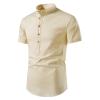 JEsilunmaMY Men's Stand Collar Henley T-Shirts Short Sleeve Cotton Linen Hippie Shirt Slim Fit Casual Summer Beach Shirt (US Size L Asia XL,Khaki) view 2