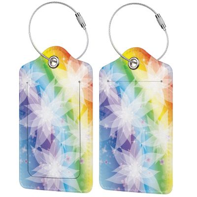 2 Pieces Rainbow Luggage Tags for Women Girls, Beautiful Leather Tags for Luggage with White Flower Pattern, Suitcase Tags with Privacy Cover ID Name Labels