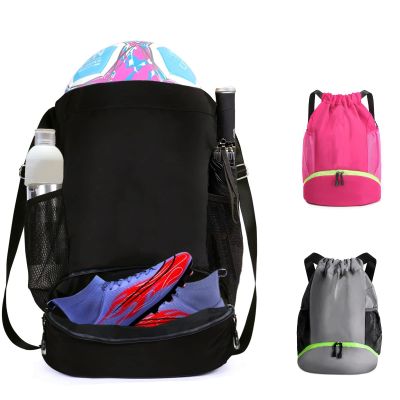Suaetiai Soccer Bags, Waterproof Drawstring Gym Backpack for Baskestball Rugby Volleyball Yoga, Large Capacity Sports Bag (Black)