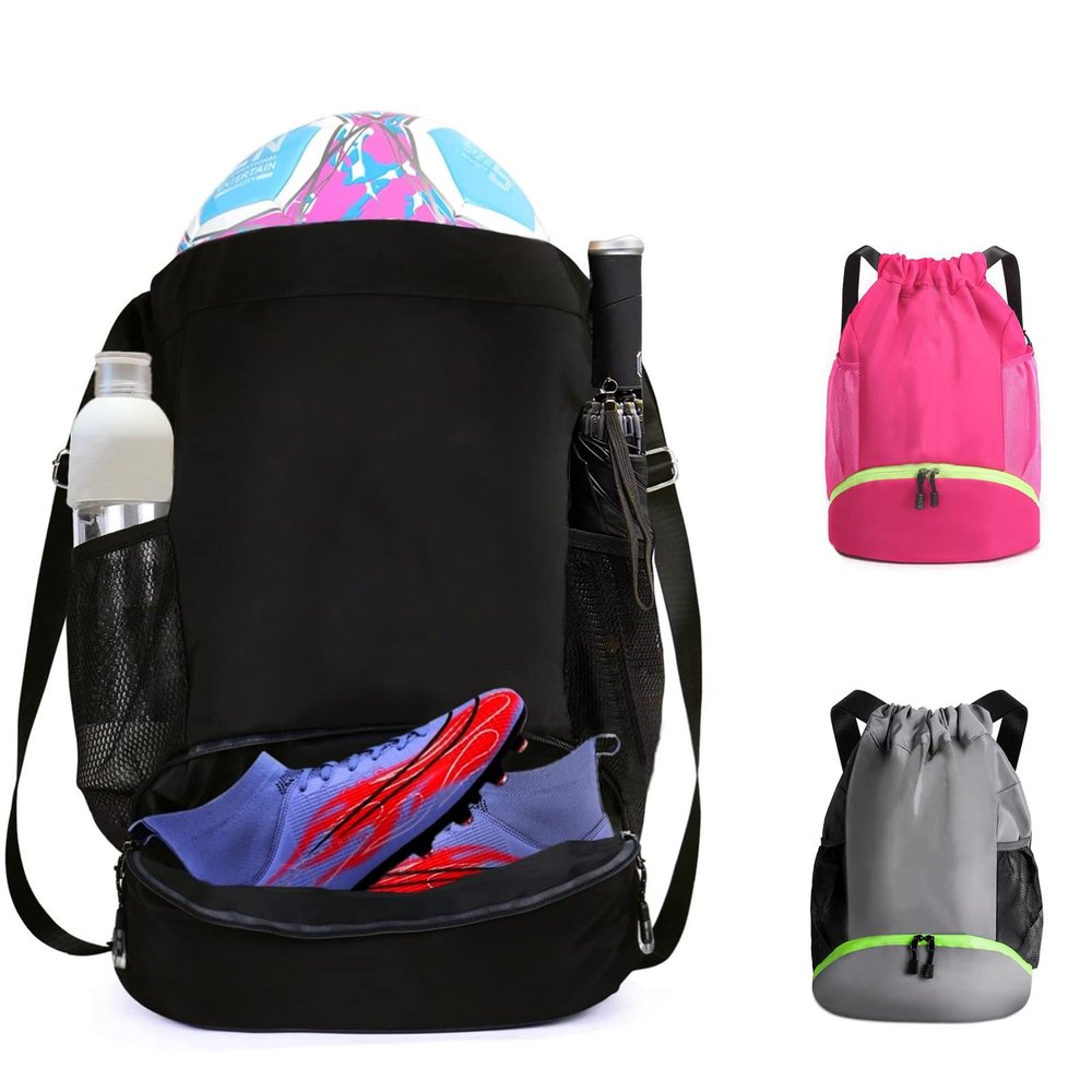 Suaetiai Soccer Bags, Waterproof Drawstring Gym Backpack for Baskestball Rugby Volleyball Yoga, Large Capacity Sports Bag (Black)