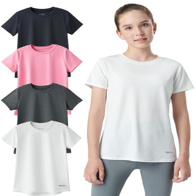 4 Pack: Youth Girls Athletic Shirts, Short Sleeve Dry Fit Apparel Tech Tshirts, Sports Activewear for Kids Teens (Set 2, Youth X-Small)
