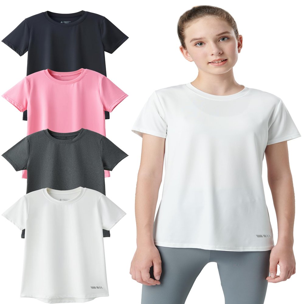 4 Pack: Youth Girls Athletic Shirts, Short Sleeve Dry Fit Apparel Tech Tshirts, Sports Activewear for Kids Teens (Set 2, Youth Small)