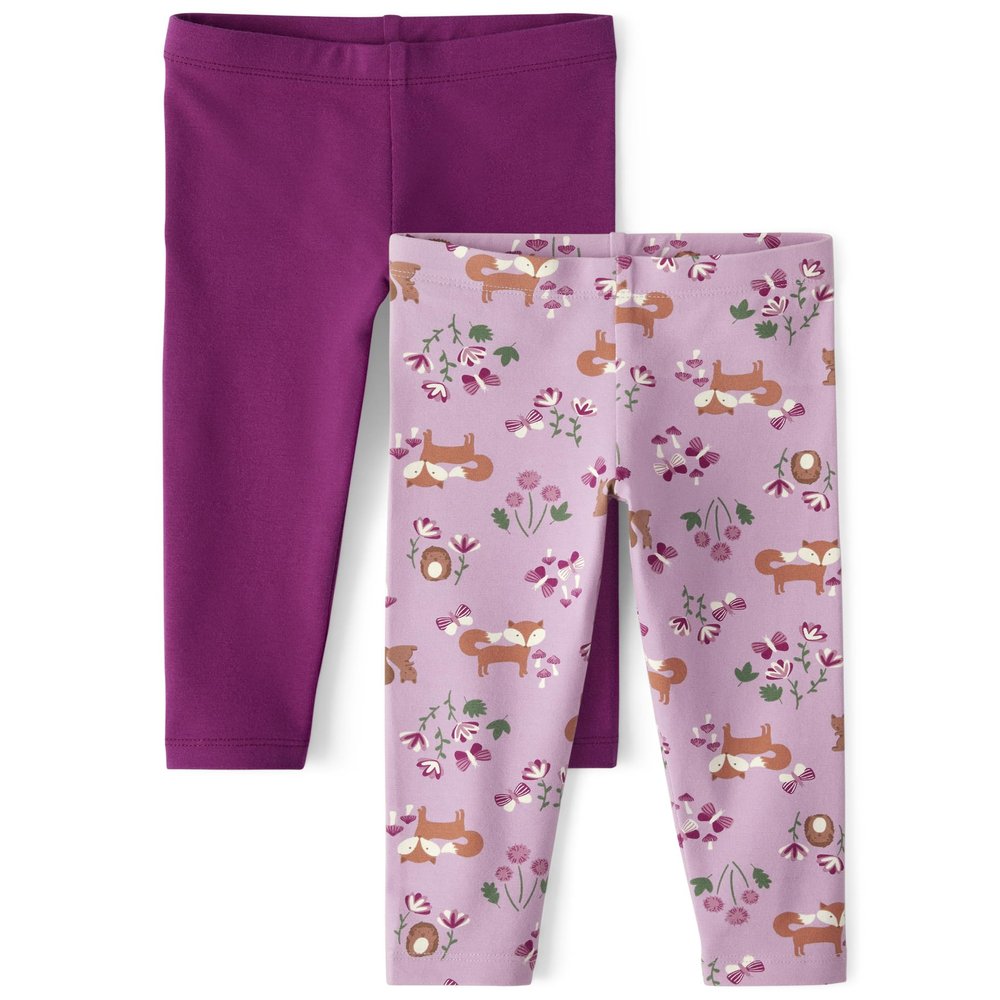 The Children's Place Baby Girls' and Toddler Assorted Everyday Pull On Leggings, Plum/Lilac Foxes 2-Pack, 18-24 Months