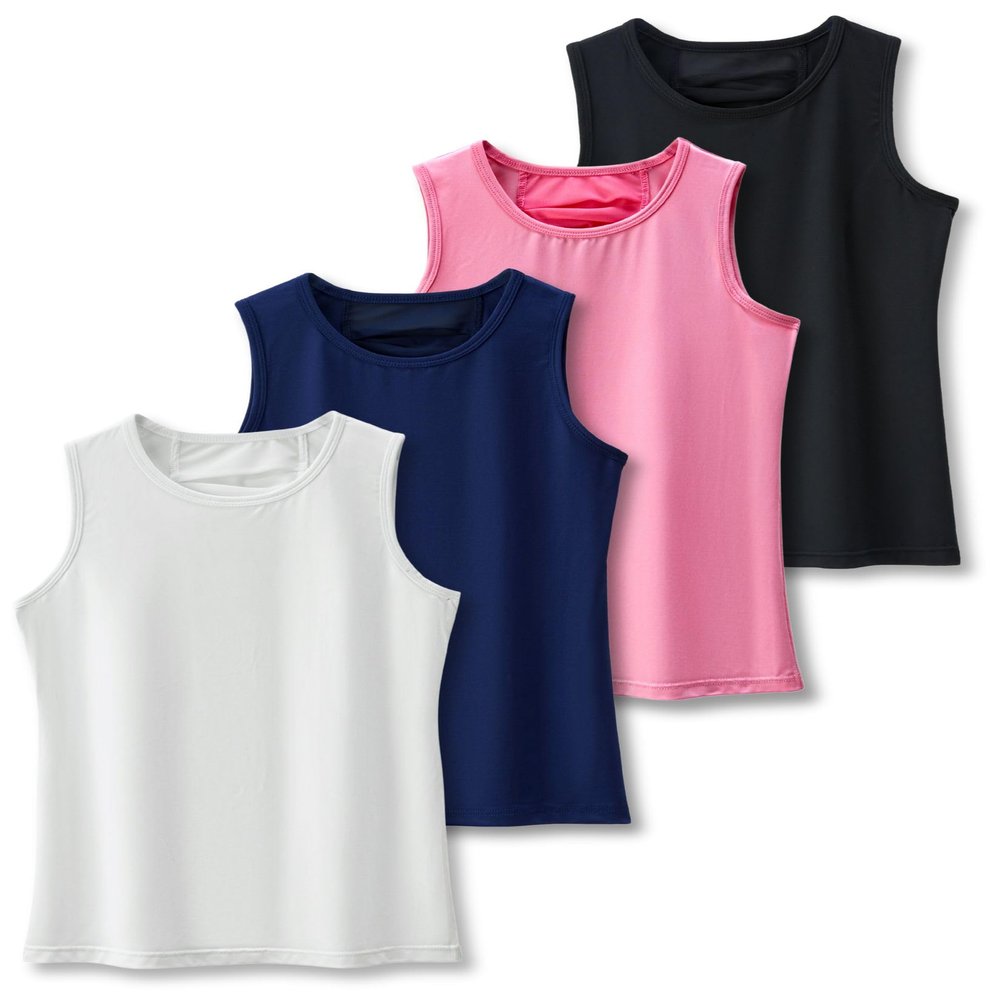 Girls 4 Pack Athletic Tank Tops, Pleated Mesh Back- Dry Fit Active Performance Shirts for Dance, Gymnastics, & Everyday Wear (Set 2, Youth Large)