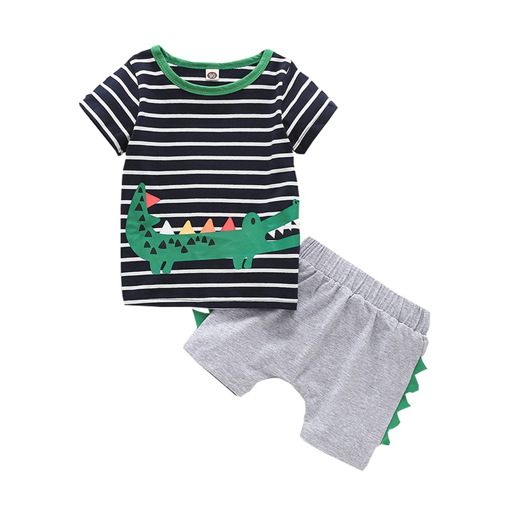 Baby Boy's Clothing Crocodiles +Short Leisur Kids Boys Toddler Cartoon Stripe Tops Sets T-Shirt (Grey, 18-24 Months)