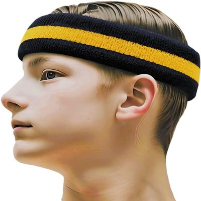 COUVER 2 Color Stripe Terry Sports Headband, 1 Piece, Black/Golden Yellow/Black