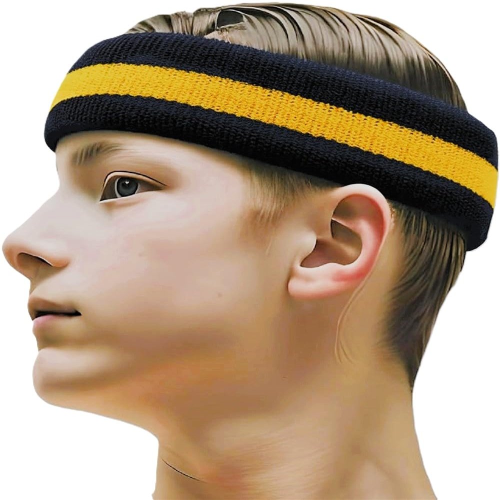 COUVER 2 Color Stripe Terry Sports Headband, 1 Piece, Black/Golden Yellow/Black