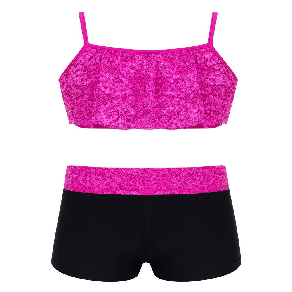 Agoky Kids Girls Ballet Jazz Dance Tank Top Set Floral Lace Crop with Bottoms Shorts Gymnastic Leotard Tankini Outfit Turquoise Lace 3-4