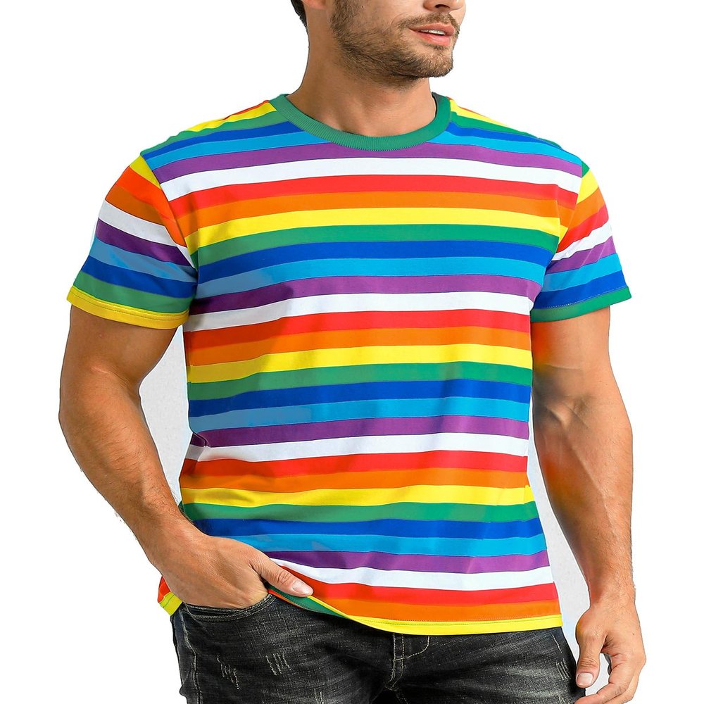 Funny World Rainbow Striped Shirt Men Crewneck Short Sleeve Pride T Shirts, X-Large