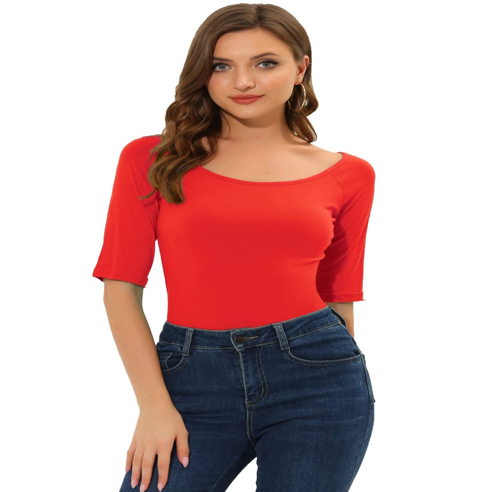Allegra K Women's Half Sleeves Scoop Neck Fitted Layering Top Soft T-Shirt Small Deep Red