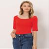 Allegra K Women's Half Sleeves Scoop Neck Fitted Layering Top Soft T-Shirt Small Deep Red view 2