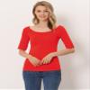 Allegra K Women's Half Sleeves Scoop Neck Fitted Layering Top Soft T-Shirt Small Deep Red view 3