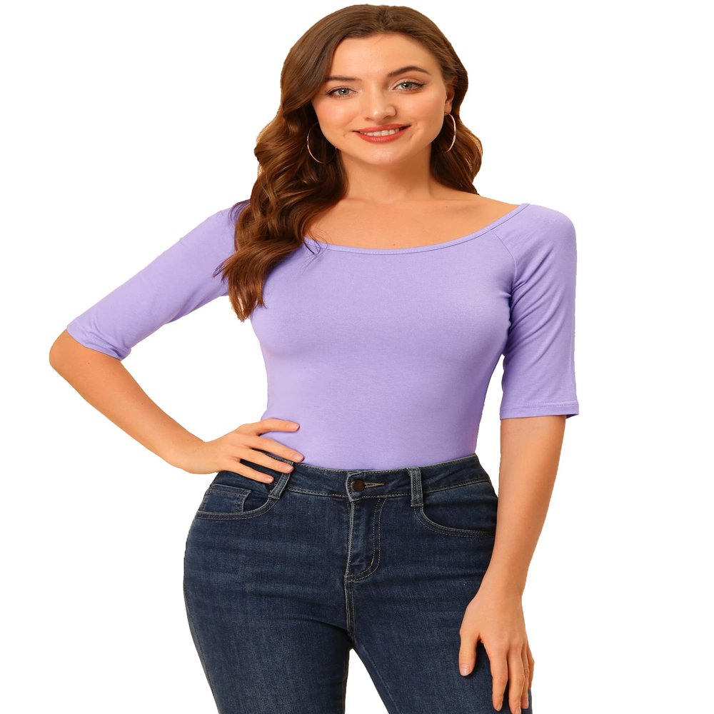 Allegra K Women's Half Sleeves Scoop Neck Fitted Layering Top Soft T-Shirt Large Lavender