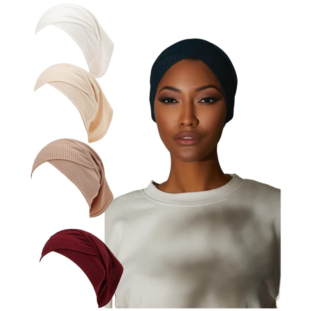 Cntqiang 4 Pieces Muslim Ribbed Inner Cap Hijab for Women Cross Turban Underscarf Undercap Bonnet Islamic Jersey Tube Caps