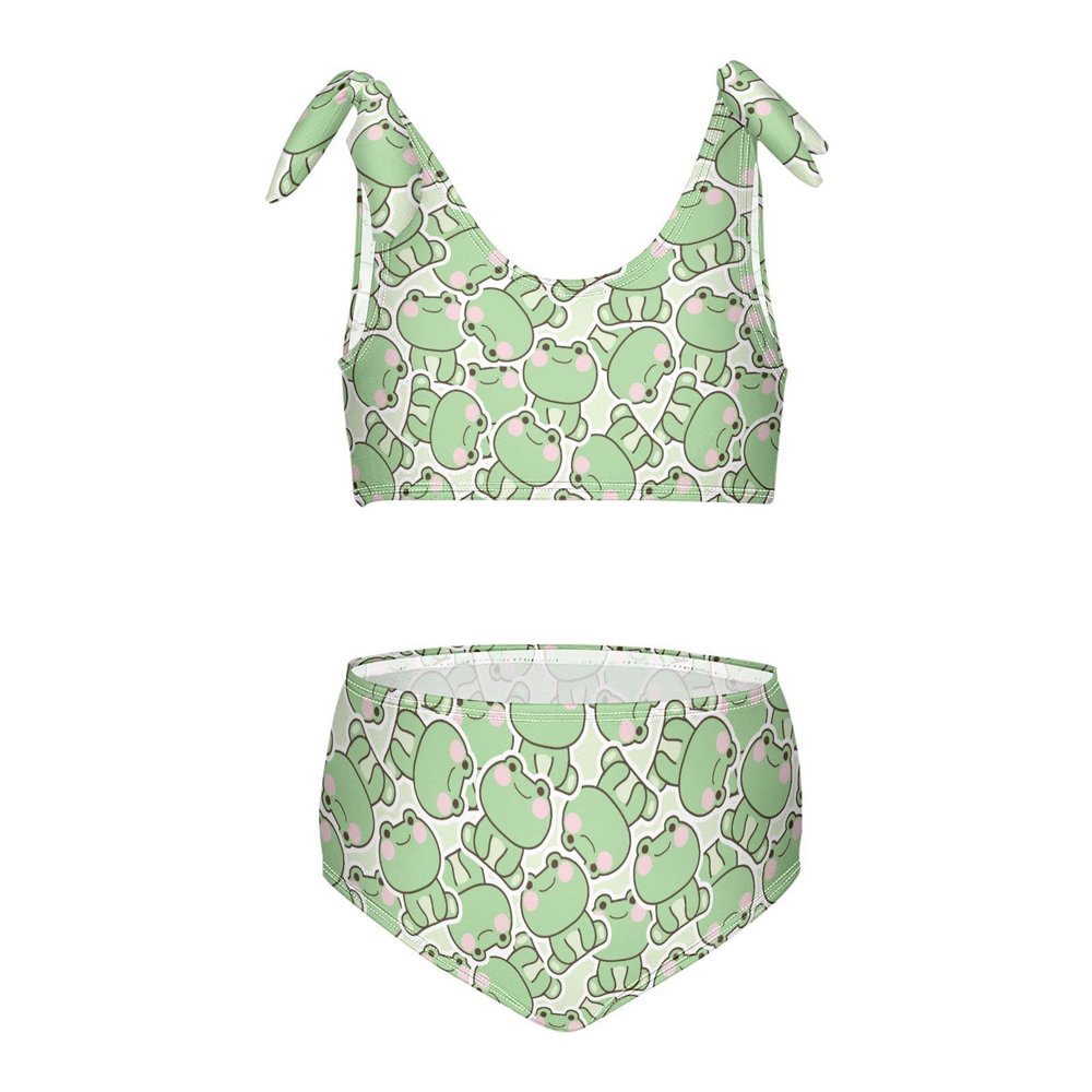 Aflyko Girls' Swimwear Cartoon Shy Frog 2-Piece Bikini Set Summer Swimsuit Holiday Bathing Suit Pool Party Beachwear Water Sport Tankini Set 5-6T