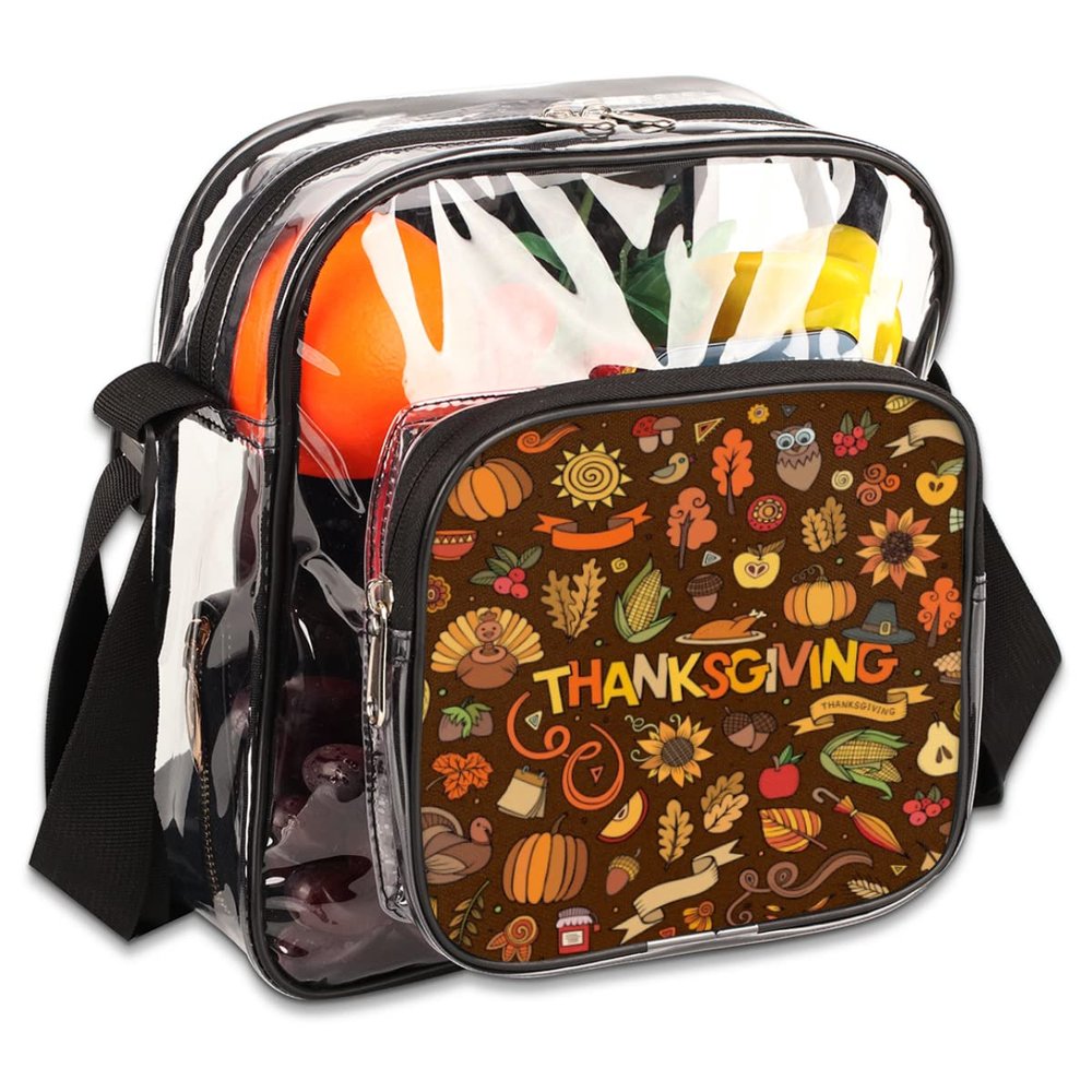 bisibuy Thanksgiving Happy Fall Harvest Theme Clear Crossbody Bag Clear Messenger Bag Shoulder Bags Clear Purse Stadium Approved for Concerts Sports Events Work Travel