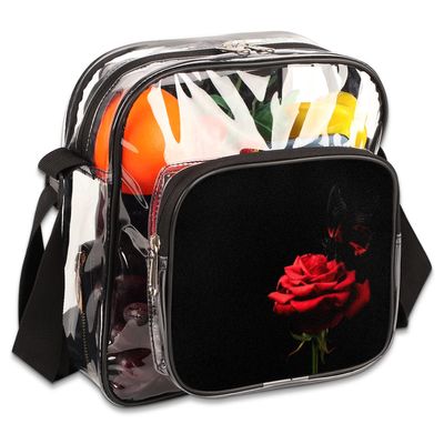 Butterfly Red Rose Clear Crossbody Bag Clear Messenger Bag Shoulder Bags Clear Purse Stadium Approved for Concerts Sports Events Work Travel