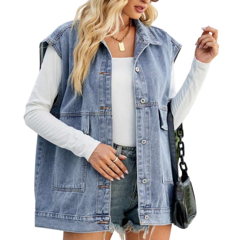 FindThy Womens Vintage Denim Jean Vest Oversized Button Down Jean Waistcoat Gilet(1481-Blue-XL-LB)