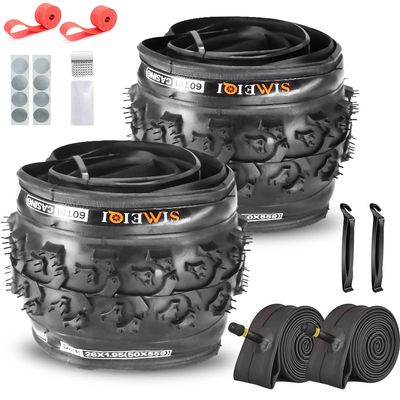 2 Pack26 x1.95 Bike Tires with 2 Inner Tubes and 2 Levers for Mountain Trail Bicycle Tires (2 Tires 2 Tubes 2 Levers 2 Rim Strips with Tool Kit)