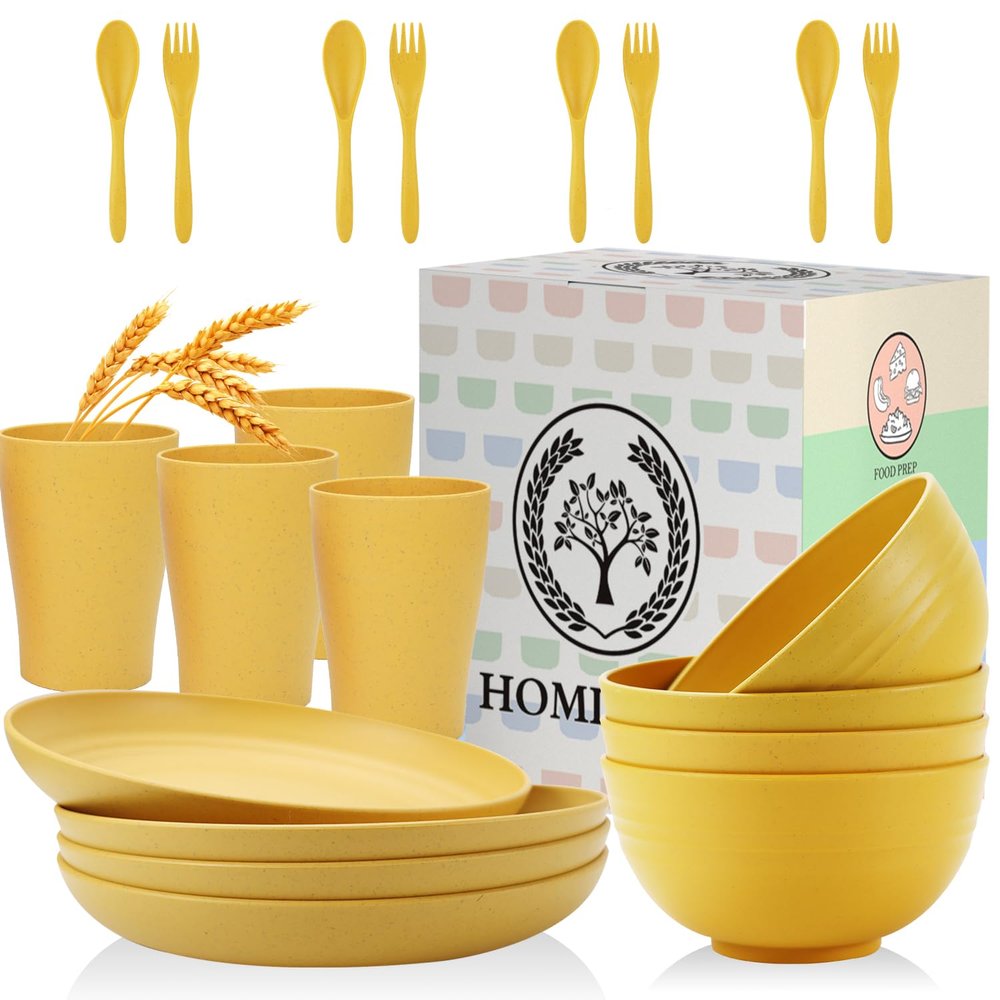 Wheat Straw Dinnerware Sets, Homienly 20pcs Unbreakable Microwave Dishwasher Safe Tableware Lightweight Bowls, Cups, Plates Set Reusable Dinner Plates Bowls set (Yellow)