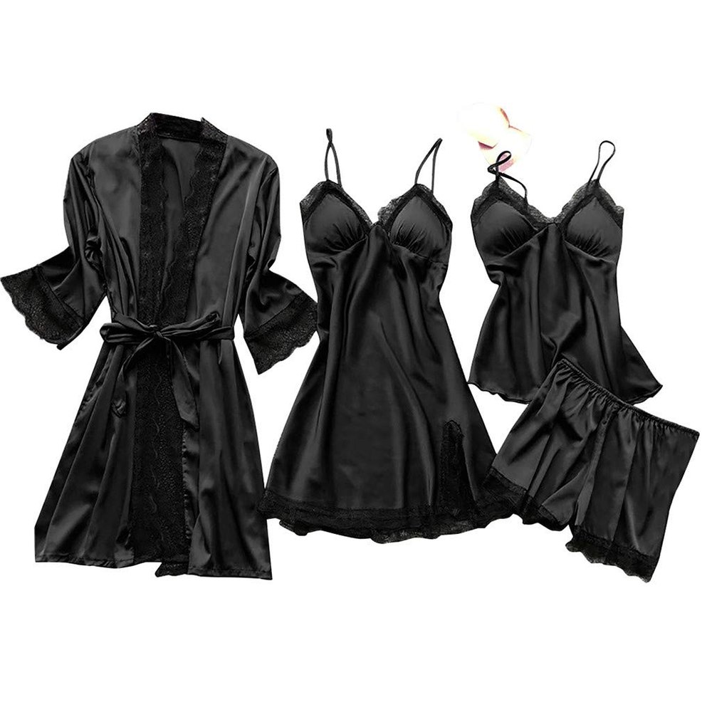 asntrgd Silk Pajiamas for Women 4pcs Pajamas Sets Cami Top Shorts Nightgown Sleepwear Robe Sexy Cute Matching Lounge Pjs B1_black