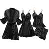 asntrgd Silk Pajiamas for Women 4pcs Pajamas Sets Cami Top Shorts Nightgown Sleepwear Robe Sexy Cute Matching Lounge Pjs B1_black view 1