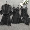 asntrgd Silk Pajiamas for Women 4pcs Pajamas Sets Cami Top Shorts Nightgown Sleepwear Robe Sexy Cute Matching Lounge Pjs B1_black view 2