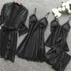 asntrgd Silk Pajiamas for Women 4pcs Pajamas Sets Cami Top Shorts Nightgown Sleepwear Robe Sexy Cute Matching Lounge Pjs B1_black view 3