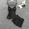 asntrgd Silk Pajiamas for Women 4pcs Pajamas Sets Cami Top Shorts Nightgown Sleepwear Robe Sexy Cute Matching Lounge Pjs B1_black view 4