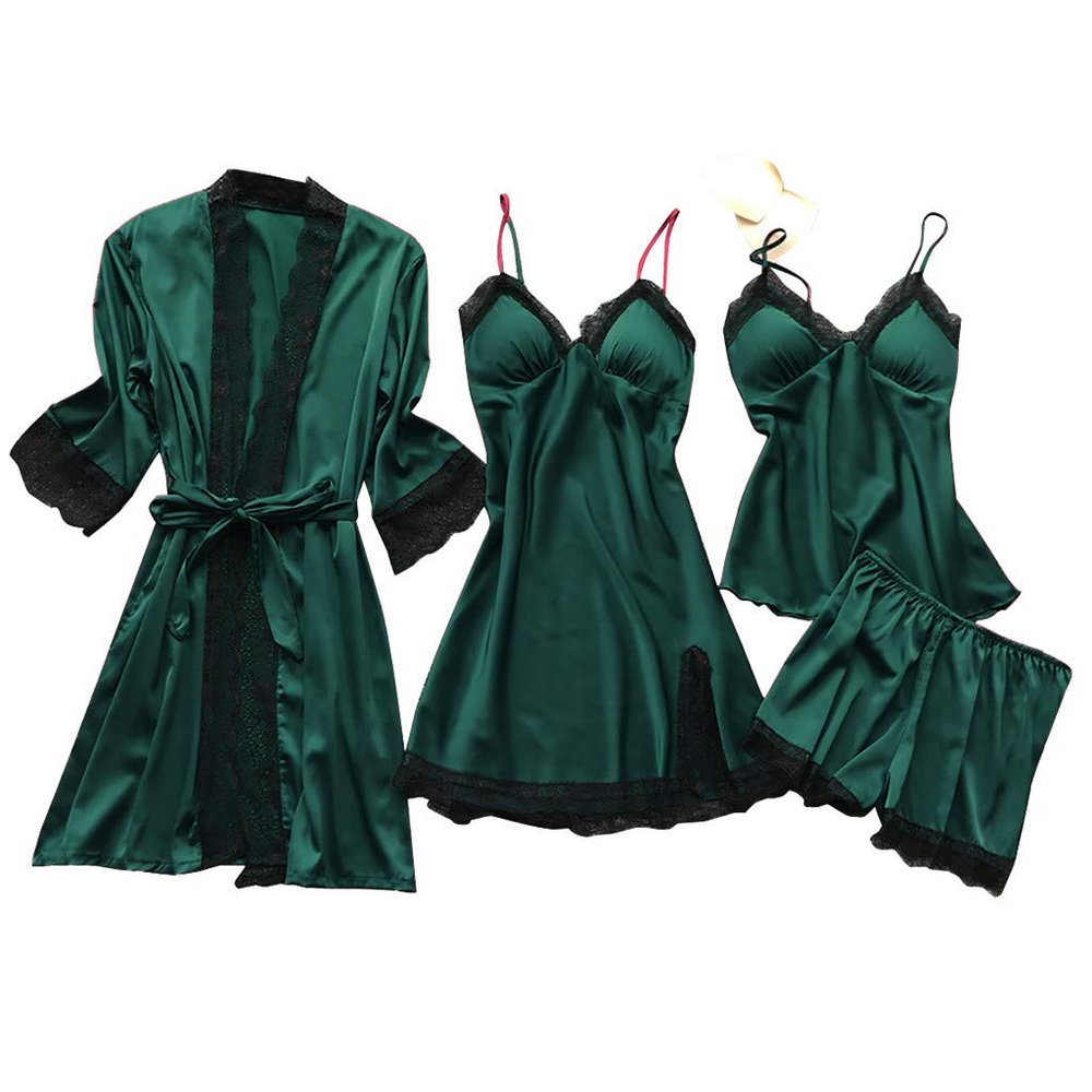 asntrgd Silk Pajiamas for Women 4pcs Pajamas Sets Cami Top Shorts Nightgown Sleepwear Robe Sexy Cute Matching Lounge Pjs B1_army Green