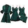 asntrgd Silk Pajiamas for Women 4pcs Pajamas Sets Cami Top Shorts Nightgown Sleepwear Robe Sexy Cute Matching Lounge Pjs B1_army Green view 1