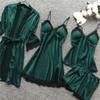 asntrgd Silk Pajiamas for Women 4pcs Pajamas Sets Cami Top Shorts Nightgown Sleepwear Robe Sexy Cute Matching Lounge Pjs B1_army Green view 4