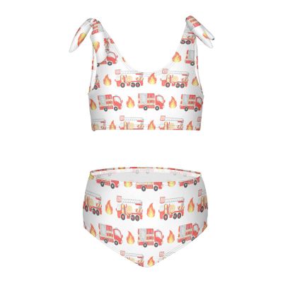 Aflyko Girls' Swimwear Fire Truck Watercolor Red 2-Piece Bikini Set Childish Beachwear 3-10T