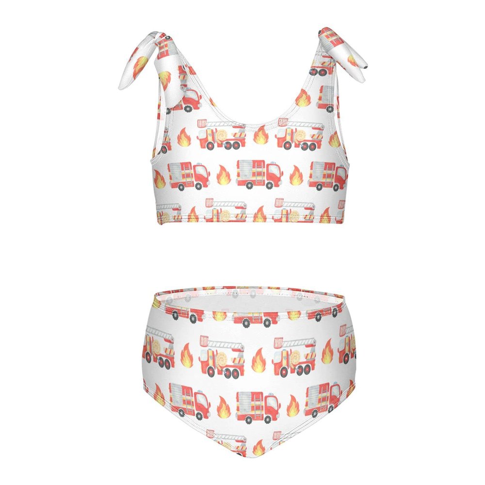 Aflyko Girls' Swimwear Fire Truck Watercolor Red 2-Piece Bikini Set Childish Beachwear 3-10T