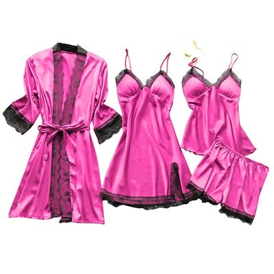 asntrgd Silk Pajiamas for Women 4pcs Pajamas Sets Cami Top Shorts Nightgown Sleepwear Robe Sexy Cute Matching Lounge Pjs B1_hot Pink X-Large