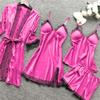 asntrgd Silk Pajiamas for Women 4pcs Pajamas Sets Cami Top Shorts Nightgown Sleepwear Robe Sexy Cute Matching Lounge Pjs B1_hot Pink X-Large view 3
