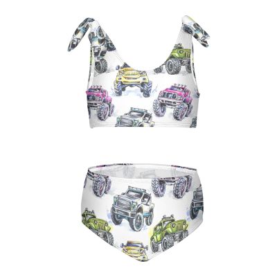 Aflyko Girls' Swimwear Monster Truck Watercolor 2-Piece Bikini Set Summer Swimsuit Holiday Bathing Suit Pool Party Beachwear Water Sport Childish Tankini Set 5-6T