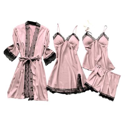 asntrgd Silk Pajiamas for Women 4pcs Pajamas Sets Cami Top Shorts Nightgown Sleepwear Robe Sets Sexy Cute Matching Lounge Pjs, B1_pink