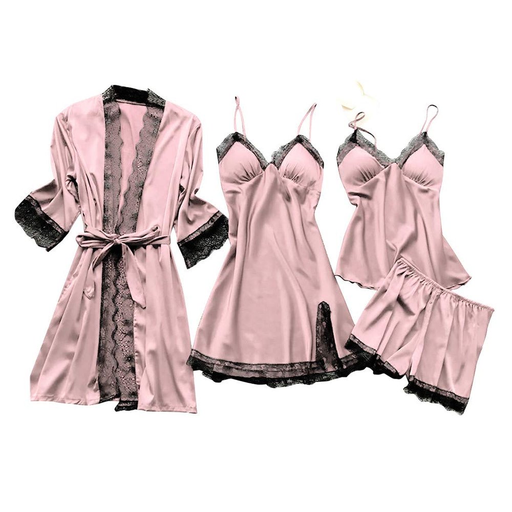 asntrgd Silk Pajiamas for Women 4pcs Pajamas Sets Cami Top Shorts Nightgown Sleepwear Robe Sets Sexy Cute Matching Lounge Pjs, B1_pink