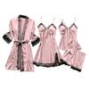 asntrgd Silk Pajiamas for Women 4pcs Pajamas Sets Cami Top Shorts Nightgown Sleepwear Robe Sets Sexy Cute Matching Lounge Pjs, B1_pink view 1