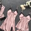 asntrgd Silk Pajiamas for Women 4pcs Pajamas Sets Cami Top Shorts Nightgown Sleepwear Robe Sets Sexy Cute Matching Lounge Pjs, B1_pink view 3