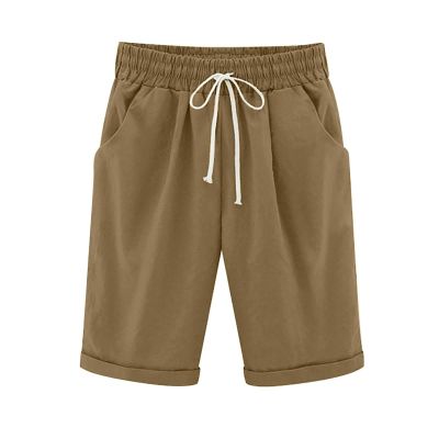 Women Summer Cotton Linen Shorts Plus Size Bermuda Shorts Drawstring Elastic Waist Pants with Pockets Loose Beach Shorts