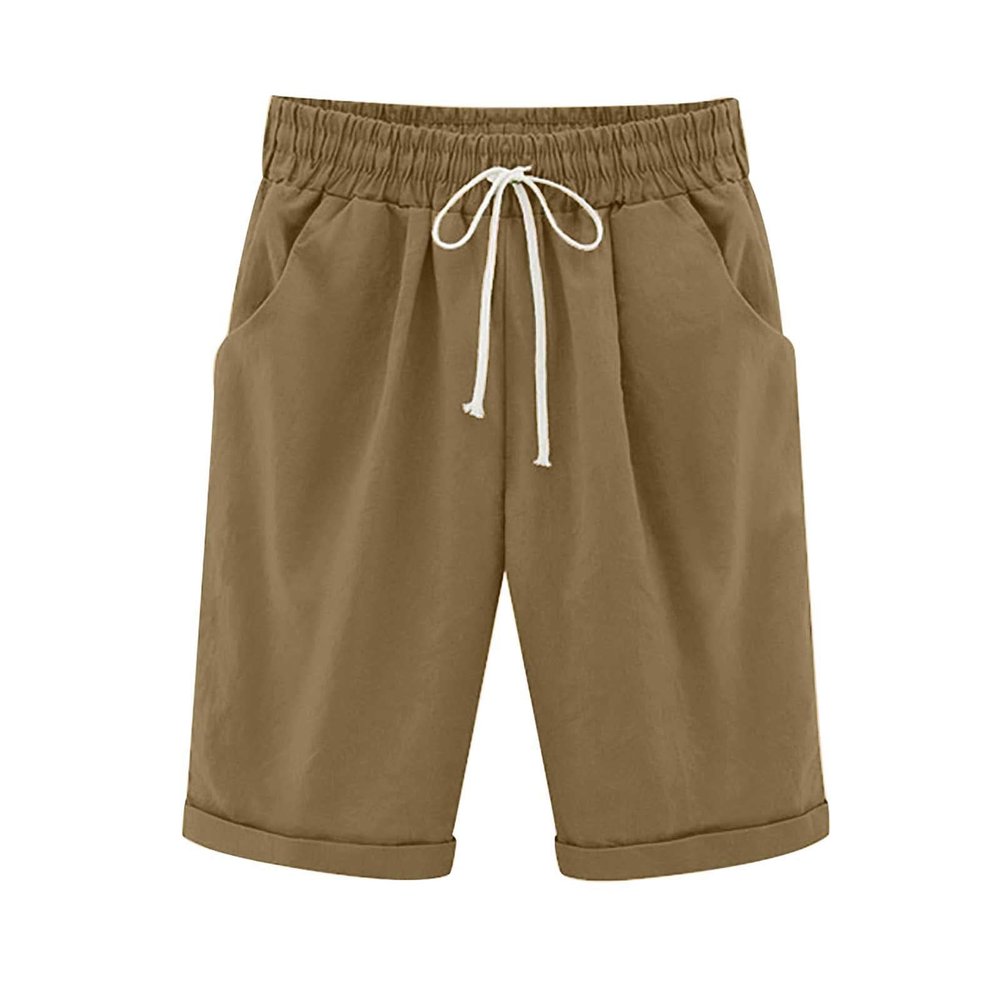 Women Summer Cotton Linen Shorts Plus Size Bermuda Shorts Drawstring Elastic Waist Pants with Pockets Loose Beach Shorts