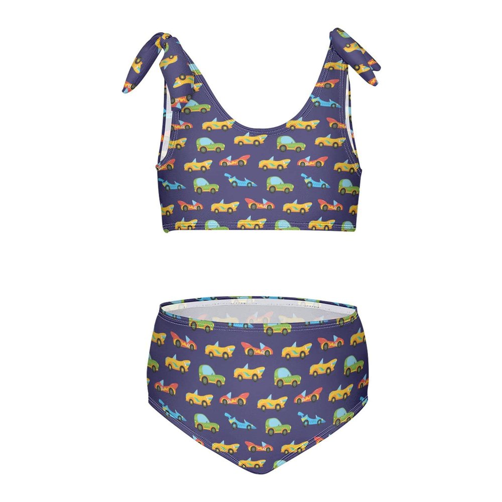 Aflyko Girls' Swimwear Race Car Cartoon Icon 2-Piece Bikini Set Childish Beachwear 3-10T