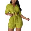 PRIVIMIX Women 2 Piece Pleated Set Short Sleeve Pants Plisse Matching Colorful Outfits Summer Vacation Button Down Y2k Shirt view 2