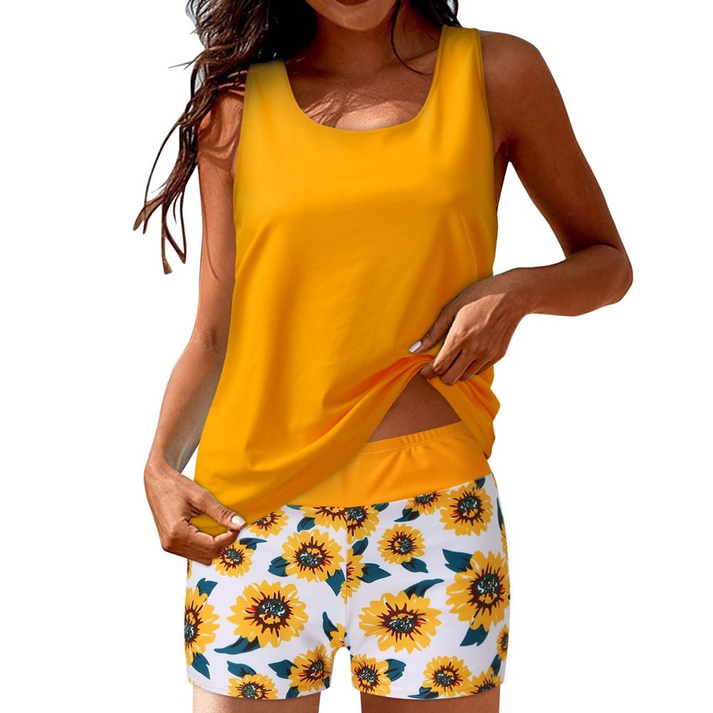 Womens Swimsuit 3-Piece Set Sleeveless Tankinis Tank Top Bathing Suit Tummy Tucking Boyshorts Swimwear with Bras (Yellow, M)